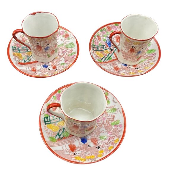 Vintage 1920s Geisha Painted Egg Shell Porcelain Set of 3 Cups & Saucers Japan - Picture 3 of 5